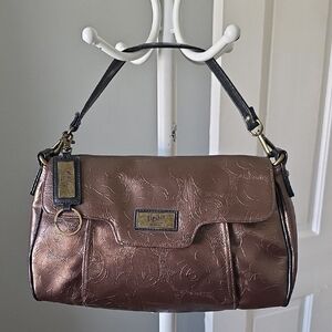 Gigi Hill Embossed Floral Shoulder Bag Brown Metallic Faux Leather,Gold Hardware